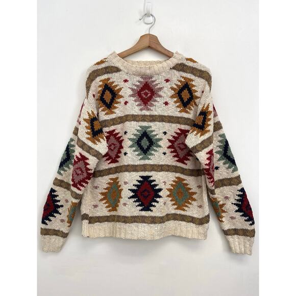 L.L. Bean Sweaters - Vintage L.L. Bean Aztec Print Cotton Crewneck Colorful Chunky Knit Sweater Large